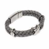 Herren Lederarmband anthrazit, geflochten zweireihig, Edelstahl Elemente, Leder Armband für Männer